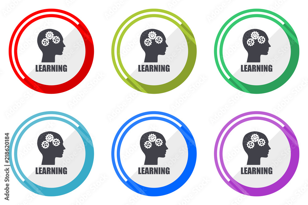 Learning editable flat vector icons collection, round circle web buttons, set of colorful computer and smartphone application signs easy to edit
