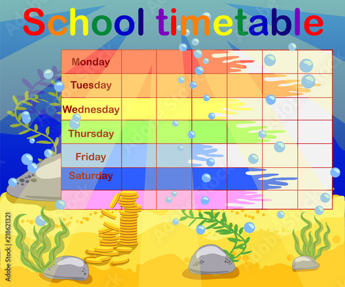 Design of the school timetable for kids. Bright underwater background for the planning of the school week photo