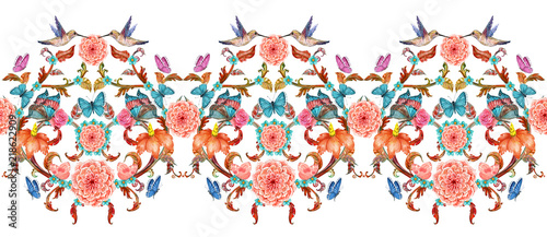 elegant seamless border with fancy floral arabesques and hummingbirds. watercolor painting