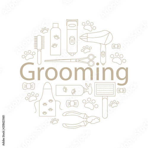 Icons for grooming in the line style. Tools and accessories for the groom. A round banner of icons for caring for animals. Vector illustration.