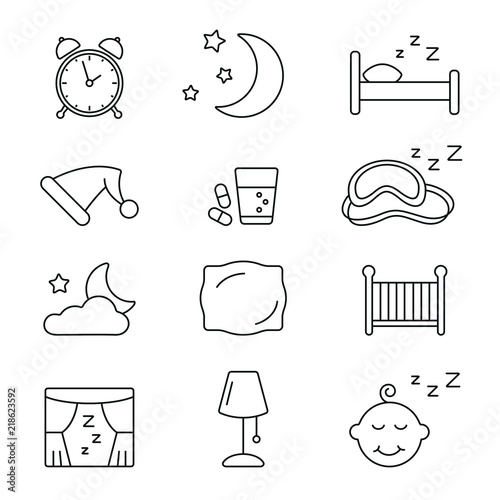 Sleep related icons: thin vector icon set, black and white kit