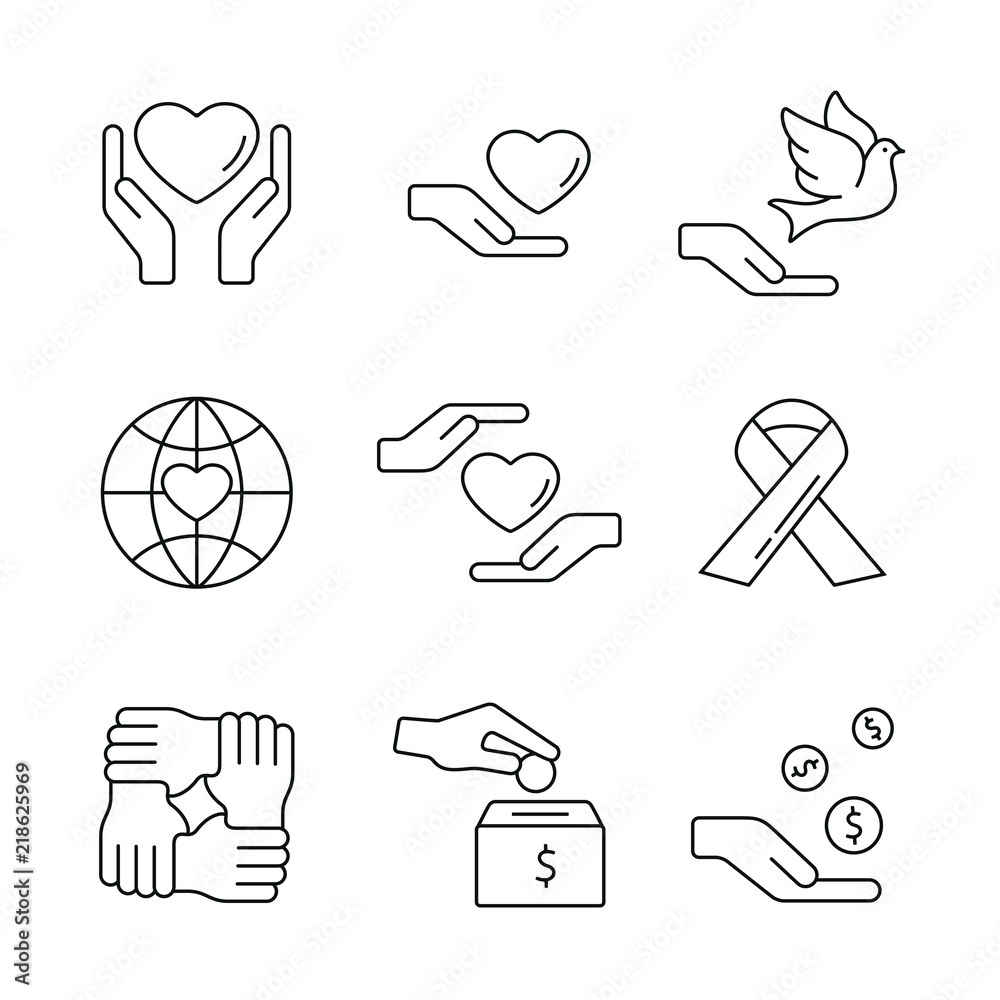 Support and care related icons: thin vector icon set, black and white kit - obrazy, fototapety, plakaty 