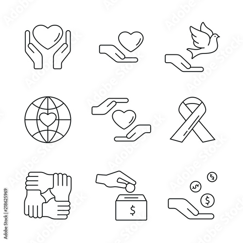 Support and care related icons: thin vector icon set, black and white kit
