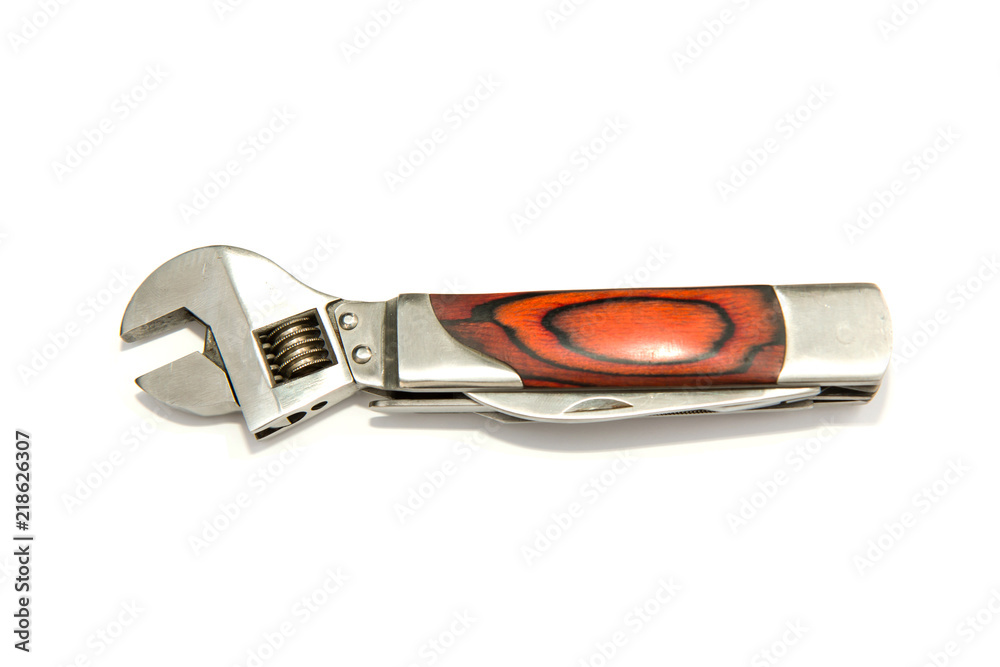 Stainless steel multifunctional pocket multi tool isolated on white background Stainless steel multifunctional pocket multi tool isolated on white background