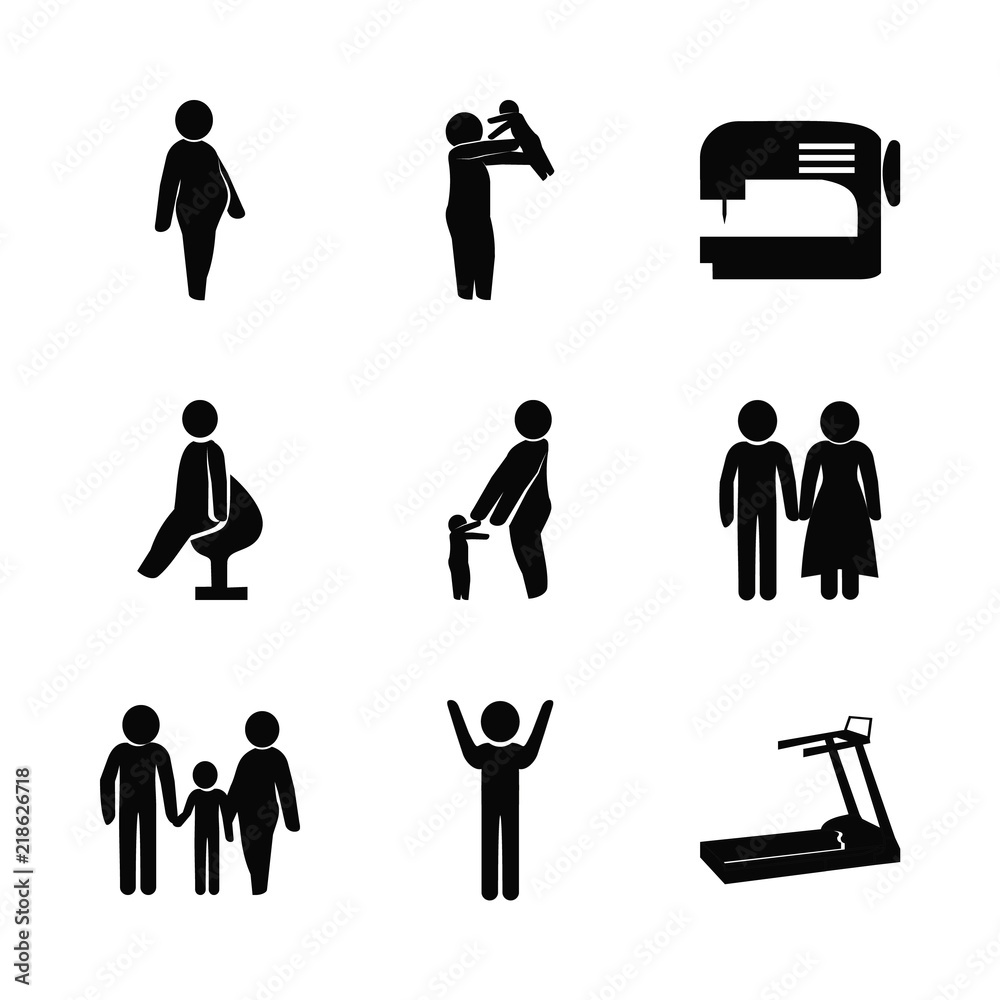 woman vector icons set. throw to catch, clothe sewing machine, treadmill and husband and wife in this set
