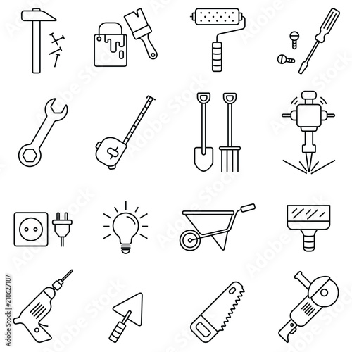 Tools related icons: thin vector icon set, black and white kit