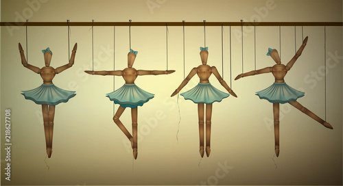 ballerinas concept, set of wooden marionette dancers in different poses,