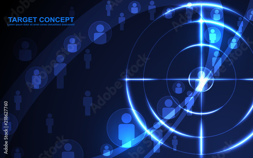 Abstract shooting target audience template on black blue background. Focus people, digital technology futuristic design concept.