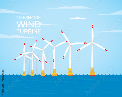 offshore wind turbine, floating wind turbine, wind turbine farm, wind turbine power plant with horizontal axis turbine generate the electric photo