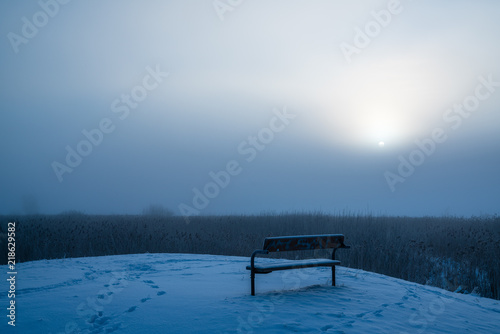 Bench in winter fog