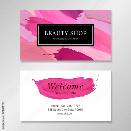 Beauty shop business card template with lipstick strokes in different colors. Vector illustration.