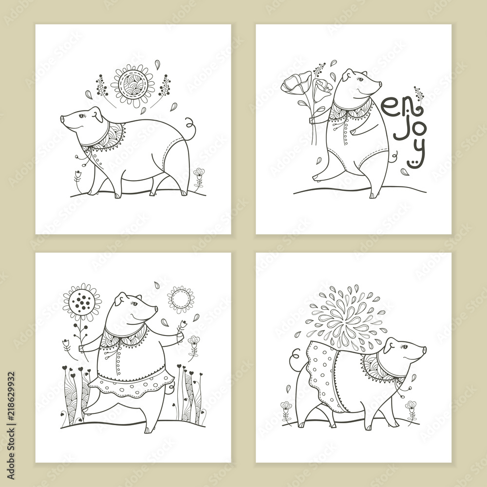 Vector set of greeting card with outline black cute funny pig isolated on white background. Contour symbol of Chinese New Year 2019. Ornate pig and floral decor for holiday design or coloring book. Vector set of greeting card with outline black cute funny pig isolated on white background. Contour symbol of Chinese New Year 2019. Ornate pig and floral decor for holiday design or coloring book.