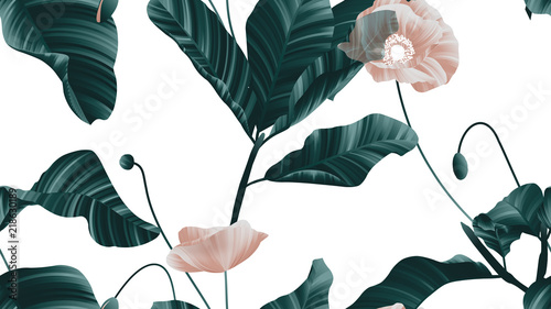 Seamless pattern, brown poppy flowers with green leaves on white background