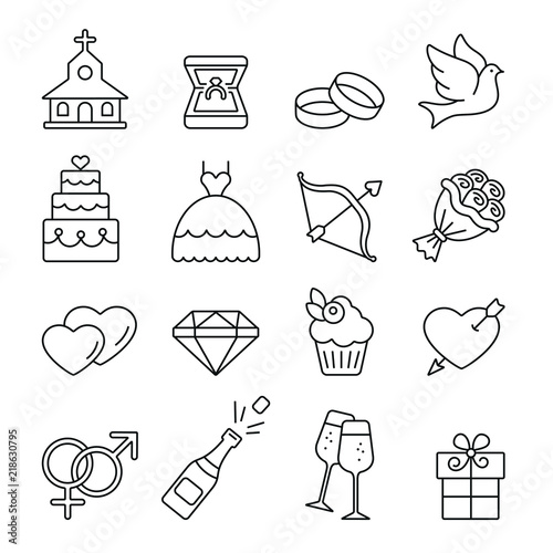 Wedding related icons: thin vector icon set, black and white kit