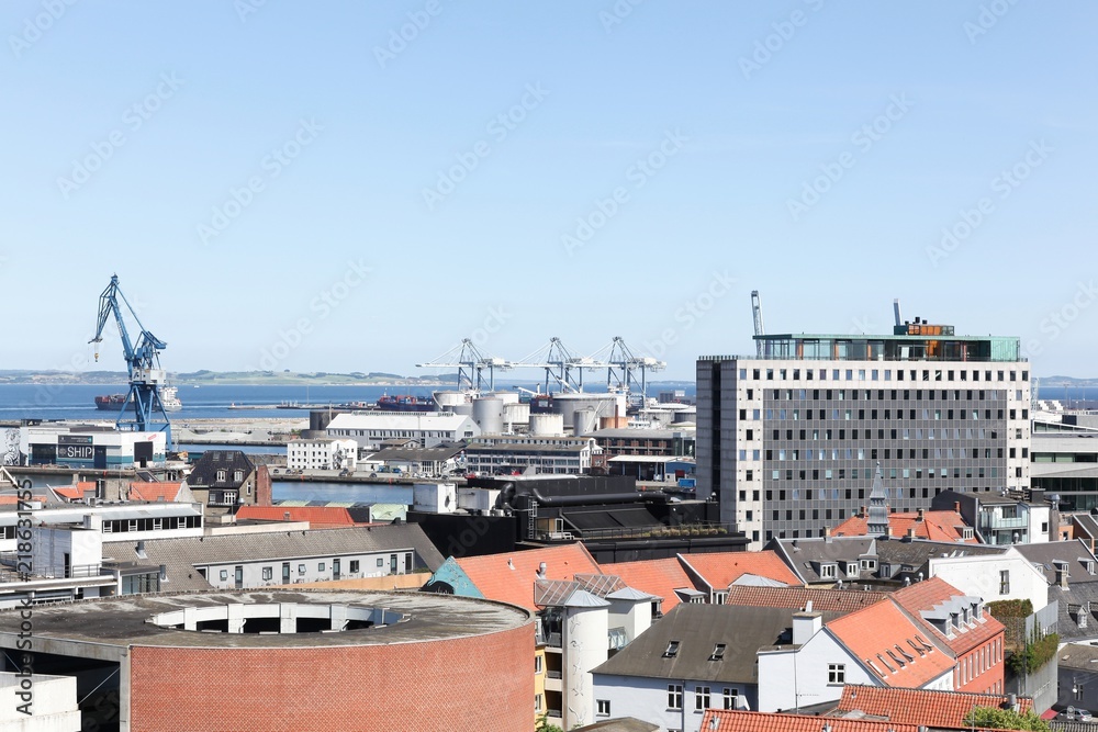 View of the city of Aarhus in Denmark from a rooftop 