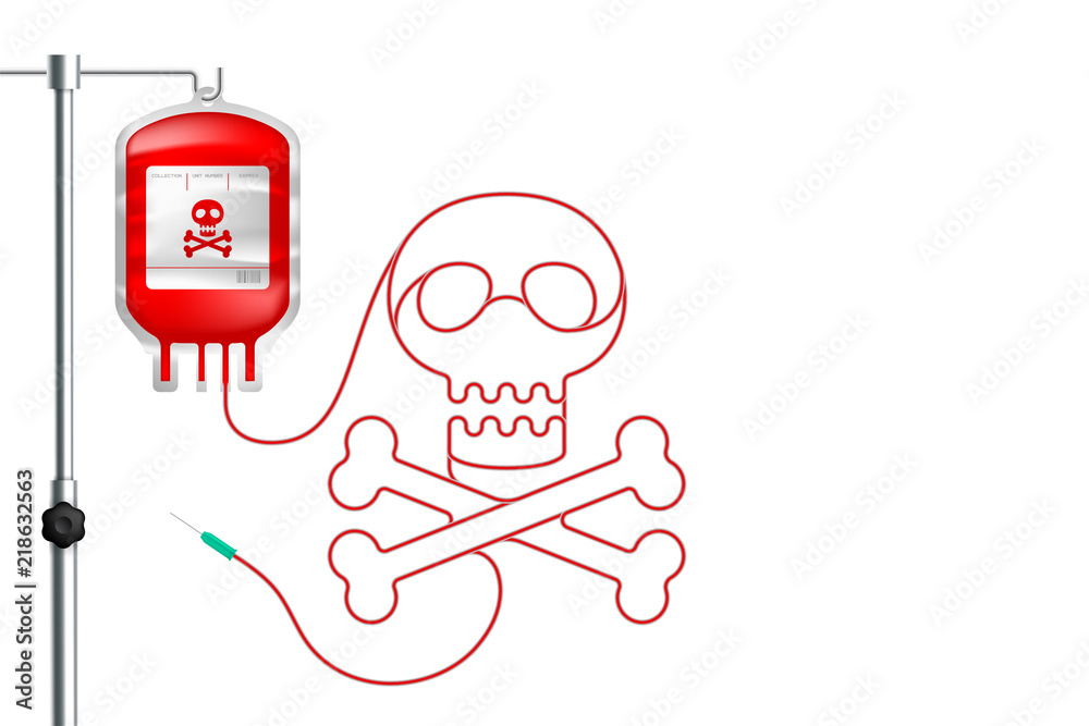 Blood bag red color with skull and crossbones shape made from cord