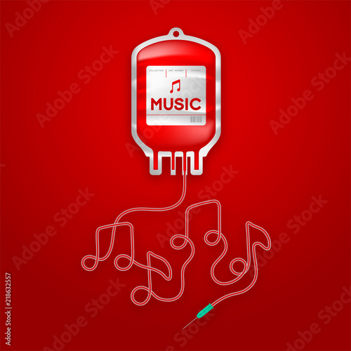 Blood bag red color with Music note sign shape made from cord illustration, melody concept design isolated on red gradient background, with copy space