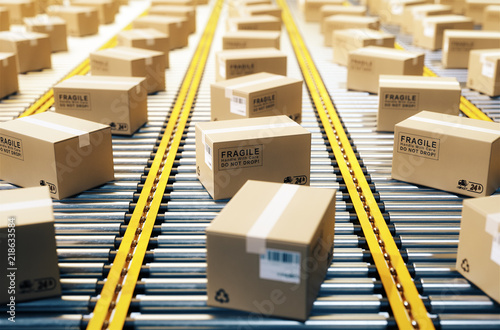The parcel is on the conveyor belt,Concept of automatic logistics management.3d rendering.