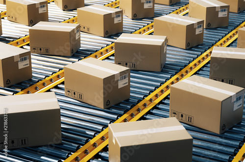 The parcel is on the conveyor belt,Concept of automatic logistics management.3d rendering.