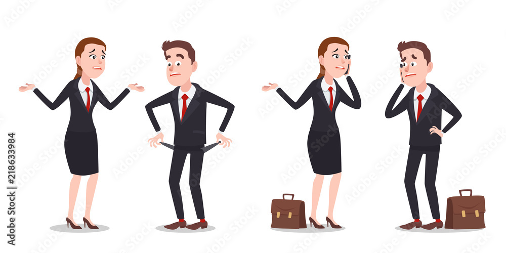Upset Businessman And Businesswoman Without Money and Talking on Phone Characters Set. Cartoon Style Vector Illustration Upset Businessman And Businesswoman Without Money and Talking on Phone Characters Set. Cartoon Style Vector Illustration