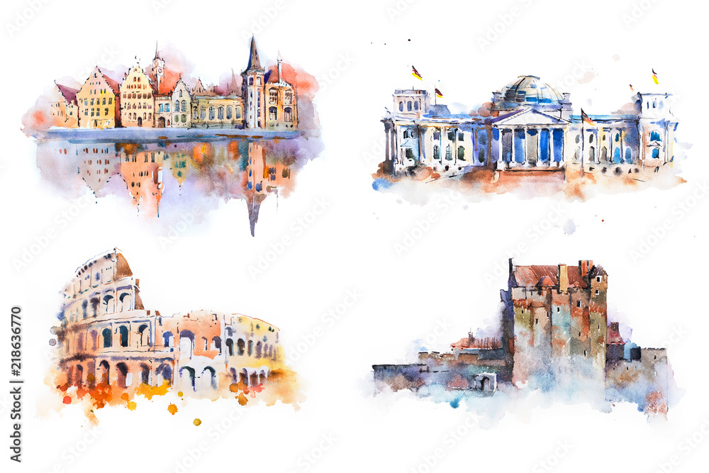 Watercolor drawing most famous buildings, architecture, sights of European countries.