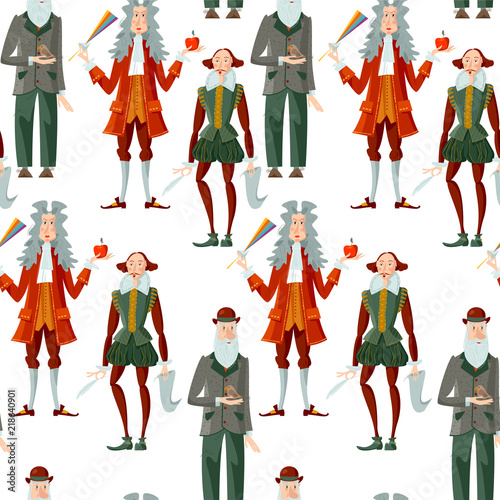 History of England. Famous people. William Shakespeare, Isaac Newton, Charles Darwin. Seamless background pattern.