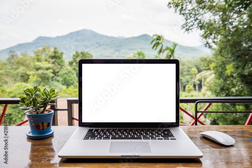 blank screen of laptop with mouse and plant vase on wooden table, Mountain and forest background