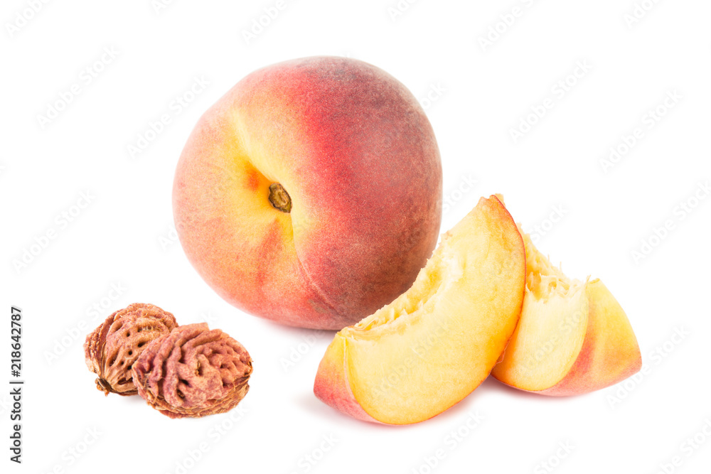 Peach fresh fruit, slices and seeds isolated on white background front view Peach fresh fruit, slices and seeds isolated on white background front view