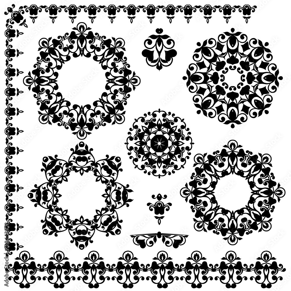 A set of vignettes, frames, floral decorative elements and mandalas. Vector illustration. A set of vignettes, frames, floral decorative elements and mandalas. Vector illustration.