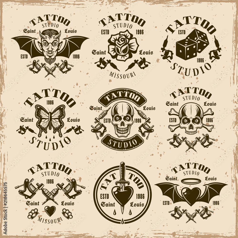 Tattoo studio vector emblems in vintage style