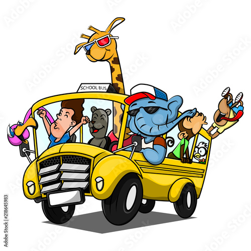 Animal Herd Goes to School with School Bus Cartoon Vector