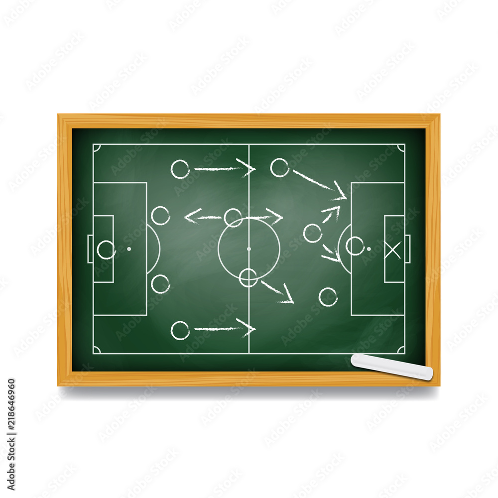 Fototapeta premium Soccer formation tactics and strategy on a blackboard. Spielplan - Fußballtaktik. Tactiques de football.