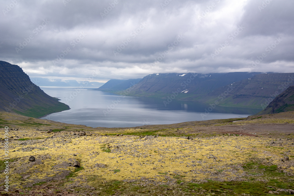 Dramatic landscape of Westfjords in Iceland in cloudy weather