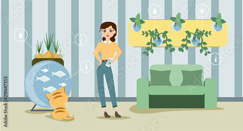 Growing indoor plants and vegetables in the house. Smart farm indoors. Eco farm with aquaponics system of planting vegetables. Vector illustration.