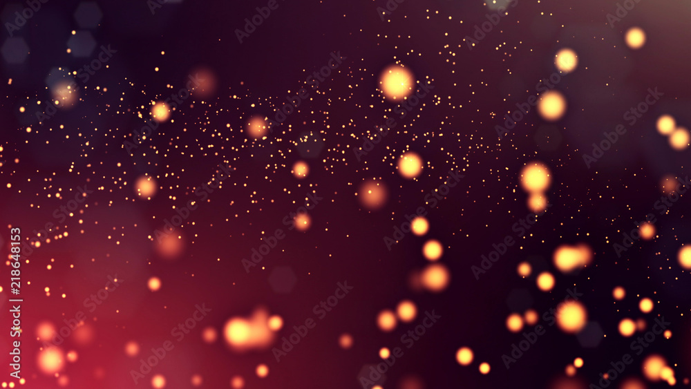 3d render of abstract golden red composition with depth of field and glowing particles in dark with bokeh effects. Science fiction microcosm or macro world or abstract Christmas garlands in the air.10 - obrazy, fototapety, plakaty 