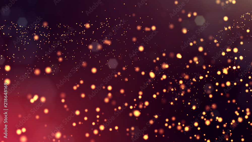 Fototapeta premium 3d render of abstract golden red composition with depth of field and glowing particles in dark with bokeh effects. Science fiction microcosm or macro world or abstract Christmas garlands in the air.12