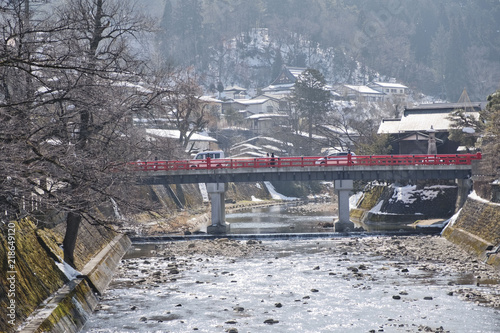 The red bridge or Nakabashi Bridge in Takayama-shi, Takayama JAPAN