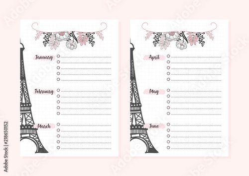 Set of pages for monthly planner for study or work.Backgrounds and inscriptions. Vector illustration