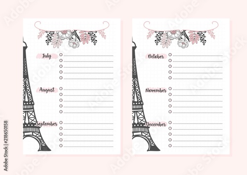 Set of pages for monthly planner for study or work.Backgrounds and inscriptions. Vector illustration