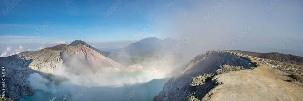 Panorama view on crater Kawah Ijen. At Bondowoso, Indonesia