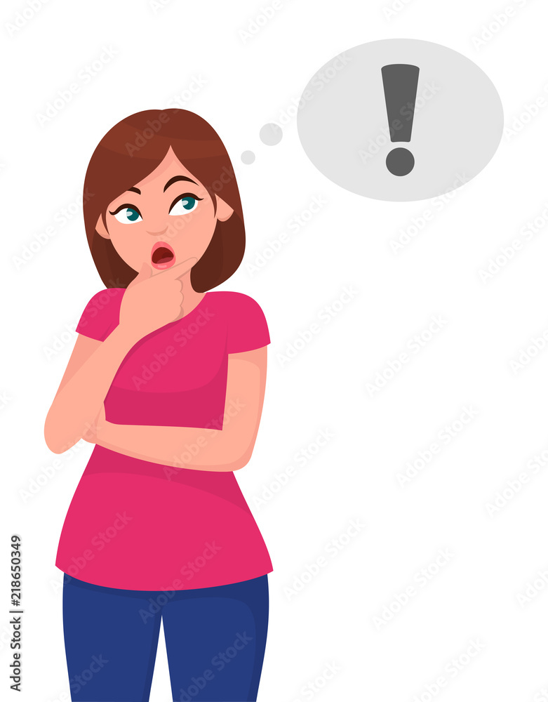 Young woman thinking and looking up to thought bubble in exclamation (!) symbol. Idea and creative concept. Vector illustration in cartoon style.