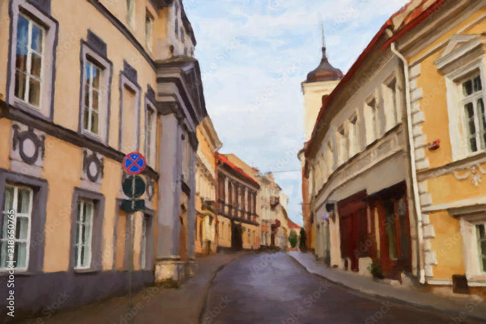 Fototapeta premium Painting on canvas of empty street in capital of Lithuania - Vilnius 