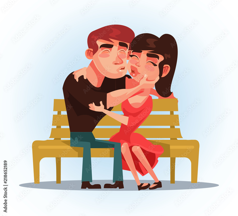Two people man and woman sitting on bench and kissing. First date. Vector flat cartoon illustration Stock Vector | Adobe Stock Two people man and woman sitting on bench and kissing. First date. Vector flat cartoon illustration Stock Vector | Adobe Stock
