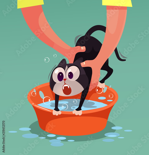 Angry cat character resist and do not want bathing. Vector flat cartoon illustration