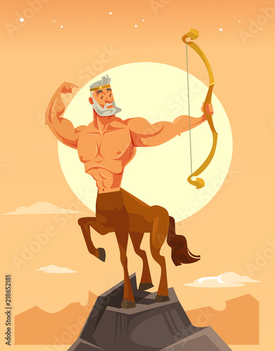 Strong centaur character with bow. Vector flat cartoon illustration