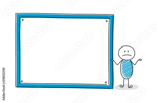 Sad stickman showing whiteboard with copyspace. Vector.