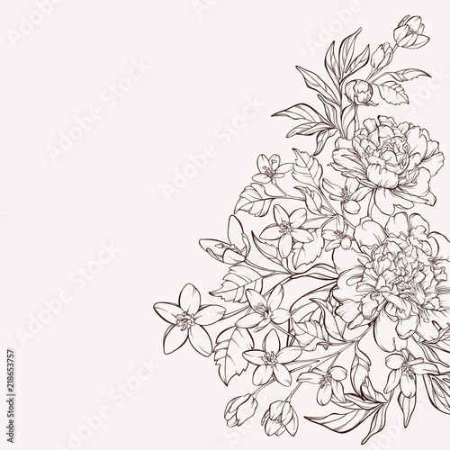 Fototapeta Naklejka Na Ścianę i Meble -  Blossoming peony flowers on white with wildflowers. Vector illustration. Perfect for background greeting cards and invitations of the wedding, birthday, Valentine's Day, Mother's Day.