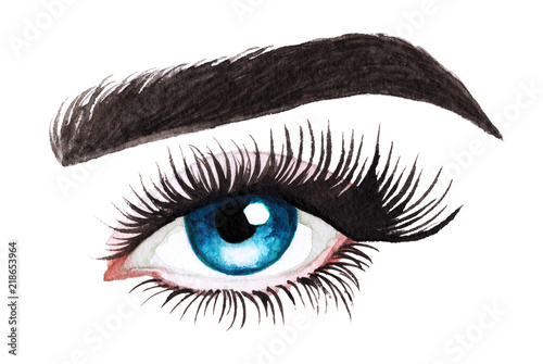 Woman eyes with long eyelashes. Hand drawn watercolor illustration. Eyelashes and eyebrows. Сoncept of eyelash extensions, microblading, mascara,  beauty salon. Blue eyes.