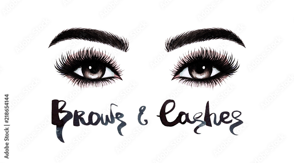 Woman eyes with long eyelashes. Hand drawn watercolor illustration. Eyelashes and eyebrows. Сoncept of eyelash extensions, microblading, mascara,  beauty salon. Black eyes.