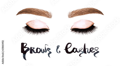 Woman eyes with long eyelashes. Hand drawn watercolor illustration. Eyelashes and eyebrows. Сoncept of eyelash extensions, microblading, mascara, beauty salon. Closed eyes.